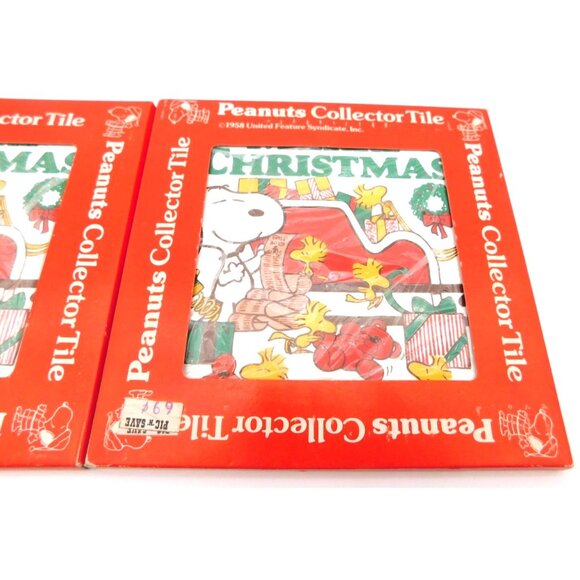 Set of 2 Vintage Japan Christmas Peanuts Collector Tiles Snoopy Woodstock Sleigh - Picture 3 of 6